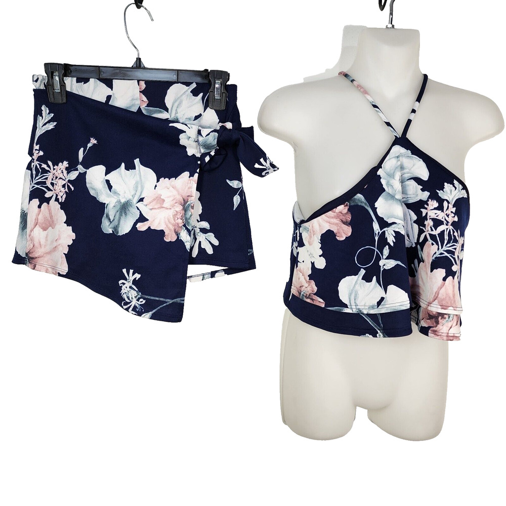 Blue Blush Womens 2 Piece Outfit Medium Blue Pink Floral Wrap Tie Skort Crop Top